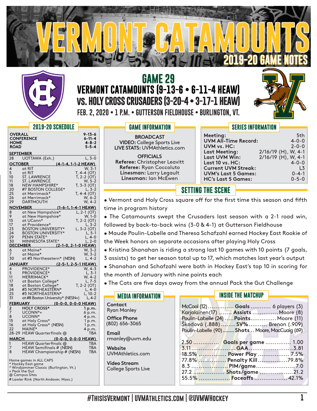 GAME 29 VERMONT CATAMOUNTS (9-13-6 • 6-11-4 HEAW) Vs