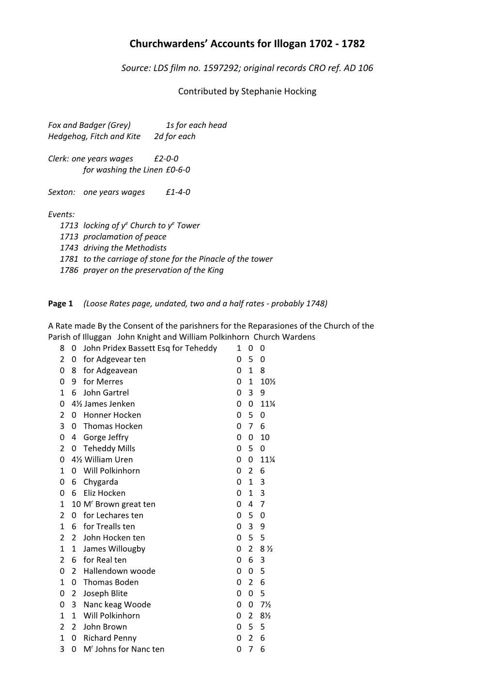 Illogan Churchwardens Accounts 1701-1782