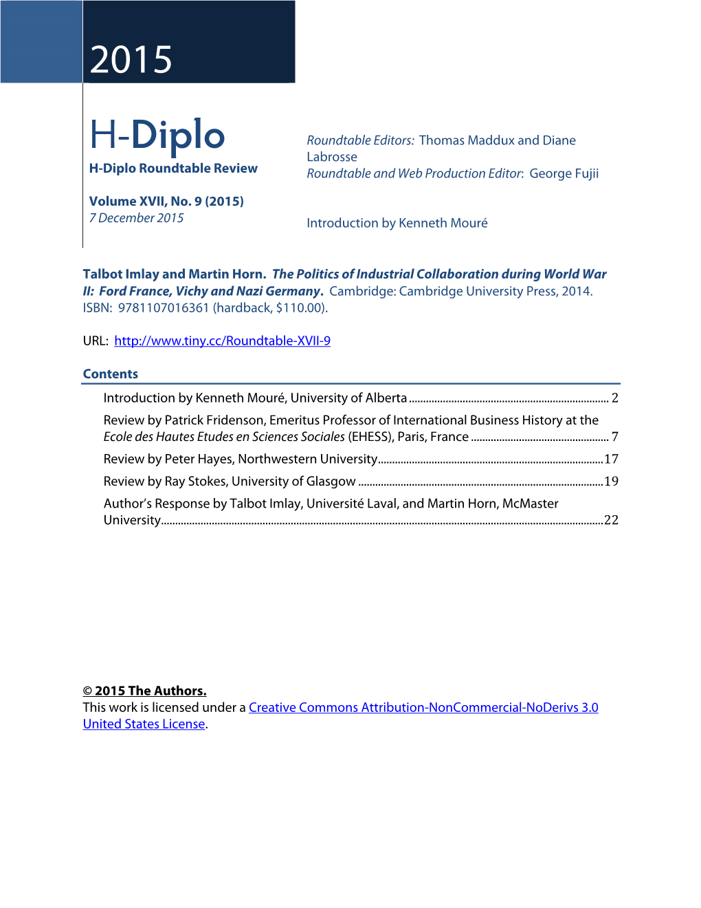 H-Diplo Roundtable, Vol. XVII