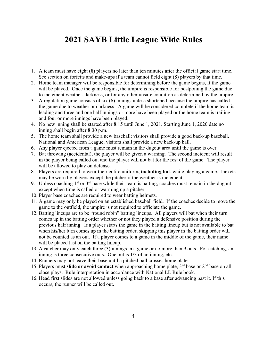 2021 SAYB Little League Wide Rules