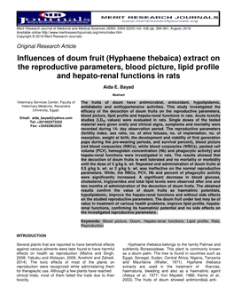 Influences of Doum Fruit (Hyphaene Thebaica) Extract on the Reproductive Parameters, Blood Picture, Lipid Profile and Hepato-Renal Functions in Rats