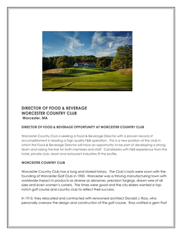 Director of Food & Beverage Worcester Country Club