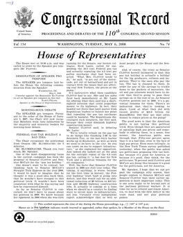 Congressional Record United States Th of America PROCEEDINGS and DEBATES of the 110 CONGRESS, SECOND SESSION