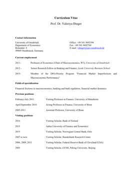 Curriculum Vitae Prof. Dr. Valeriya Dinger