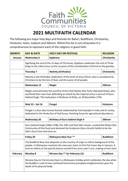 2021 MULTIFAITH CALENDAR the Following Are Major Holy Days and Festivals for Baha'i, Buddhism, Christianity, Hinduism, Islam, Judaism and Sikhism