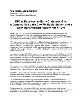 A Donated Salt Lake City FM Radio Station and a New Transmission Facility for KPCW