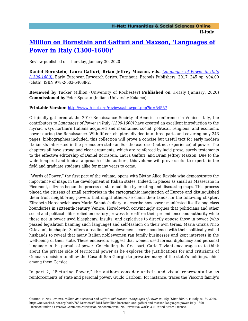 Million on Bornstein and Gaffuri and Maxson, 'Languages of Power in Italy (1300-1600)'