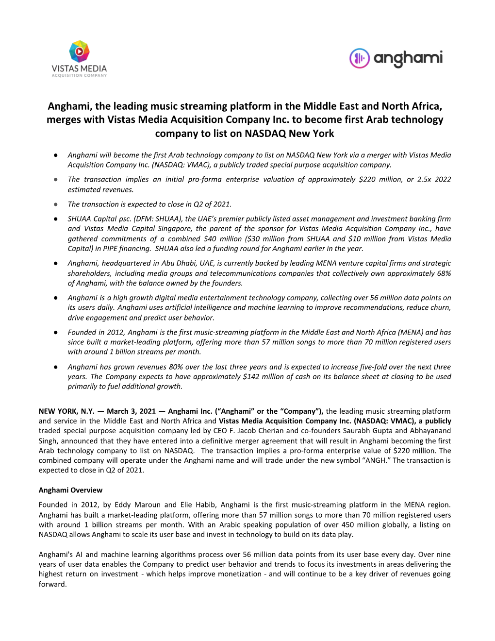 Anghami, the Leading Music Streaming Platform in the Middle East and North Africa, Merges with Vistas Media Acquisition Company Inc