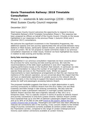 Govia Thameslink Railway: 2018 Timetable Consultation Phase 3 – Weekends & Late Evenings (2330 – 0500) West Sussex County Council Response