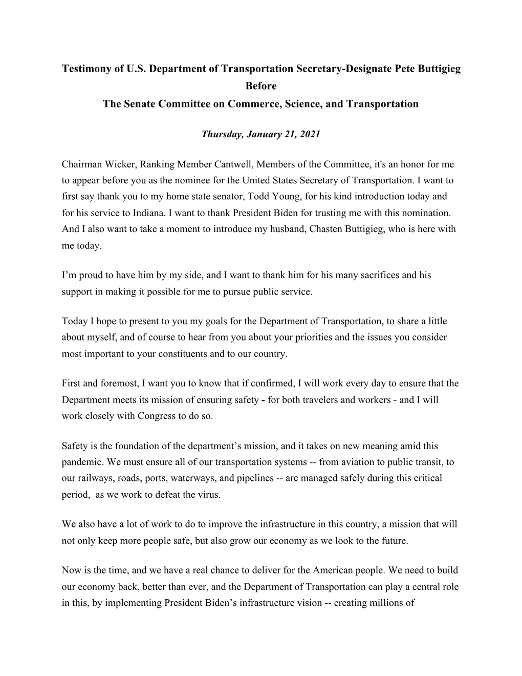 Testimony of U.S. Department of Transportation Secretary-Designate Pete Buttigieg Before the Senate Committee on Commerce, Science, and Transportation