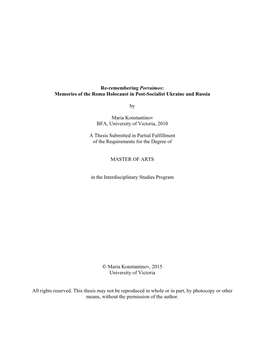 Re-Remembering Porraimos: Memories of the Roma Holocaust in Post-Socialist Ukraine and Russia