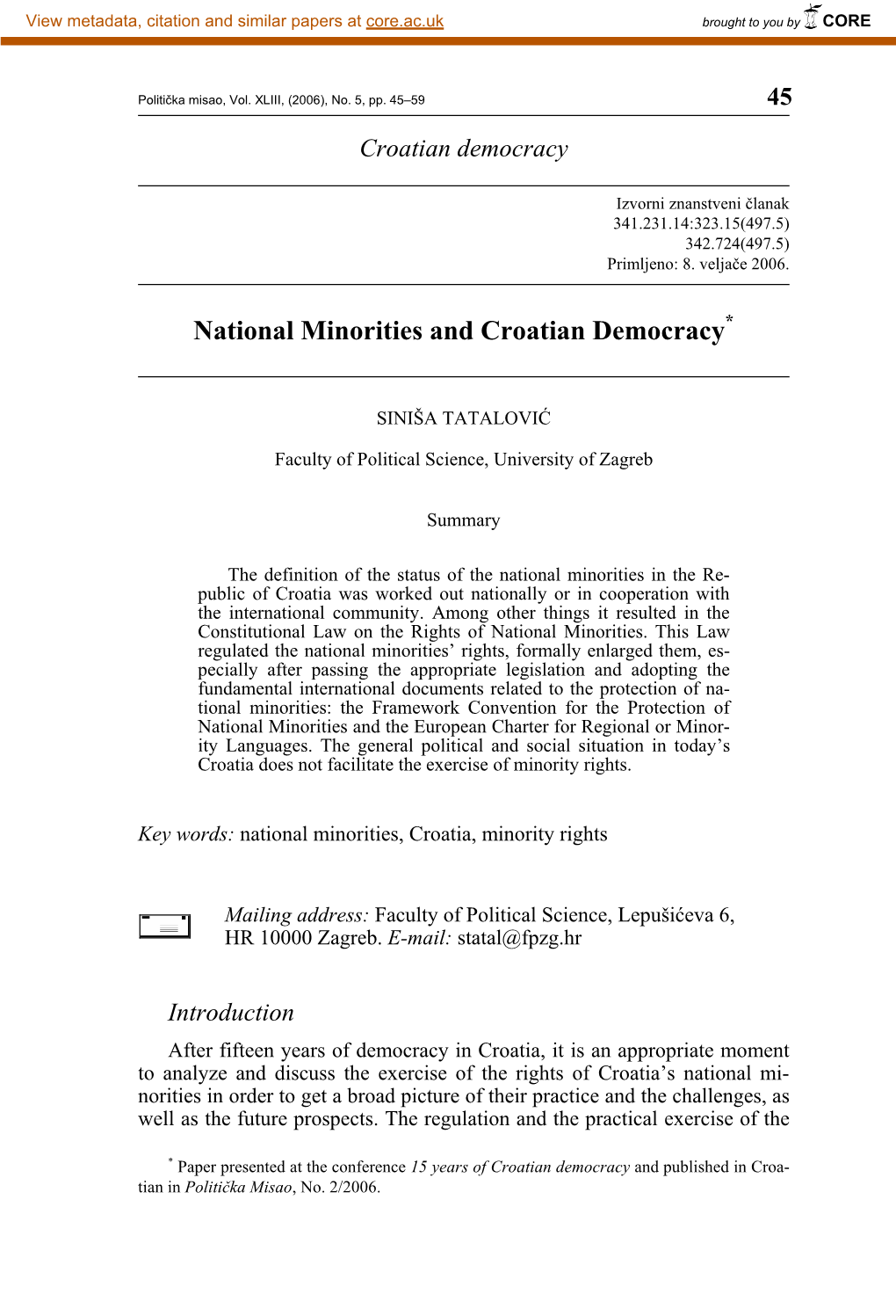 National Minorities and Croatian Democracy*