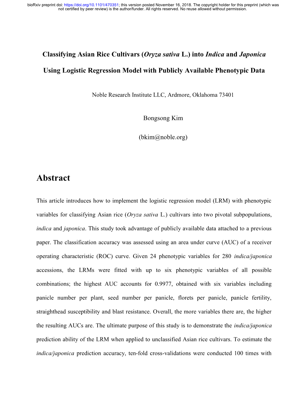 Classifying Asian Rice Cultivars (Oryza Sativa L.) Into Indica and Japonica