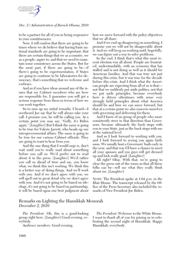 Remarks on Lighting the Hanukkah Menorah December 2, 2010