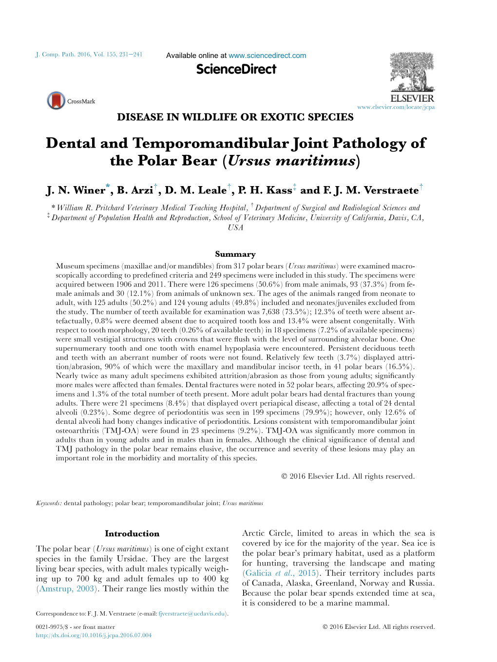 Dental and Temporomandibular Joint Pathology of the Polar Bear (Ursus Maritimus)