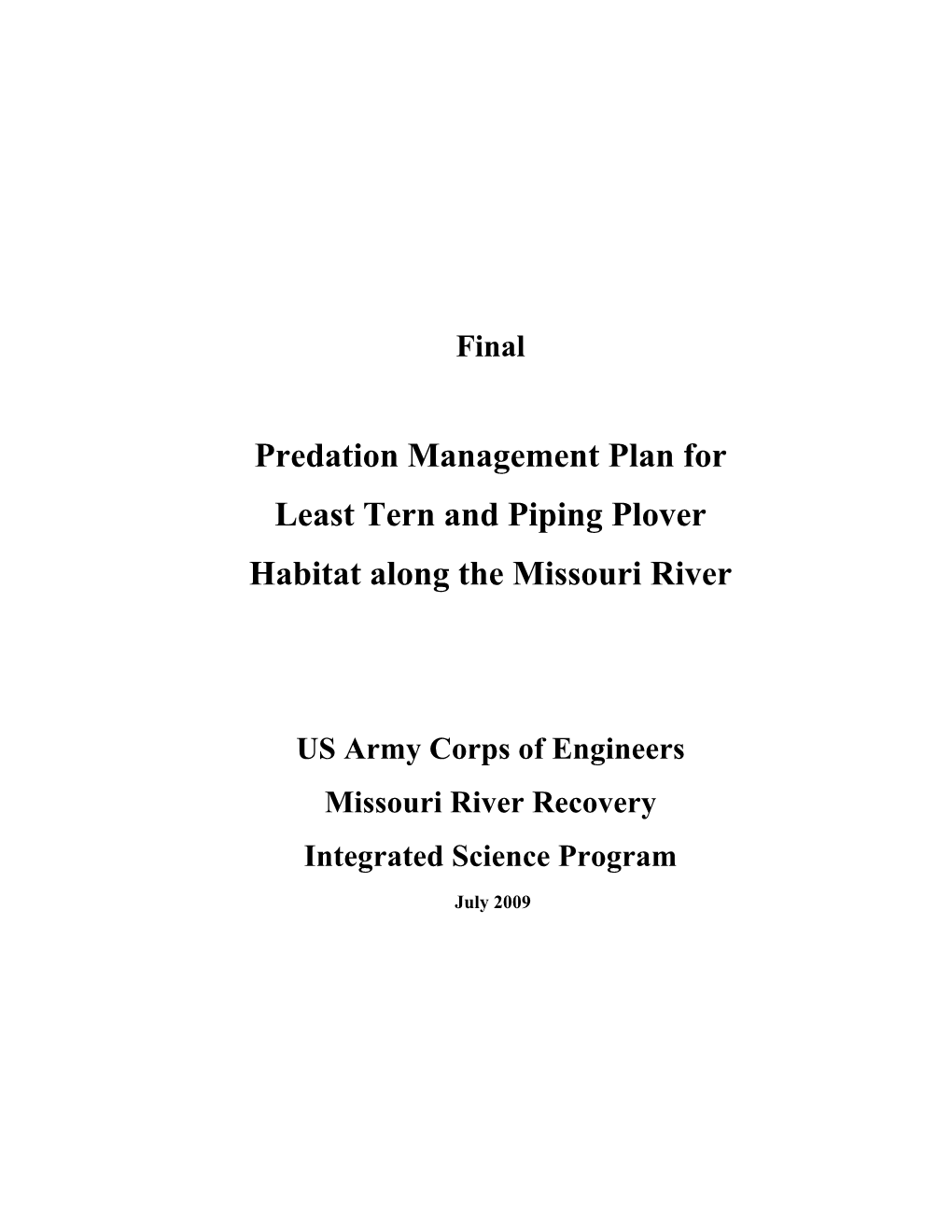 Final Predation Management Plan for Least Tern and Piping Plover