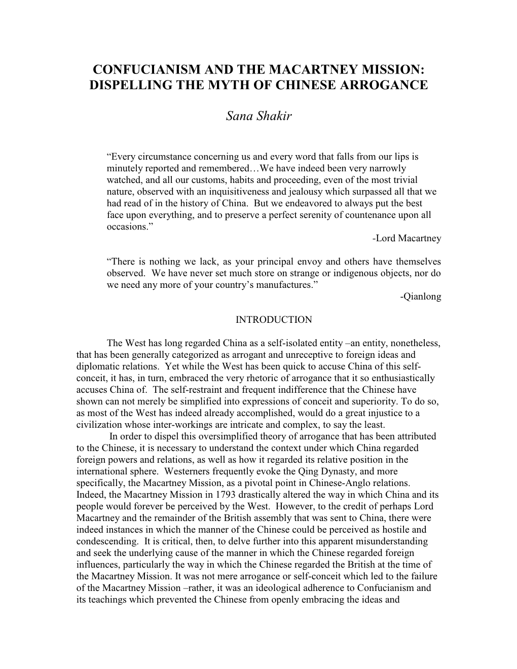 Confucianism and the Macartney Mission: Dispelling the Myth of Chinese Arrogance