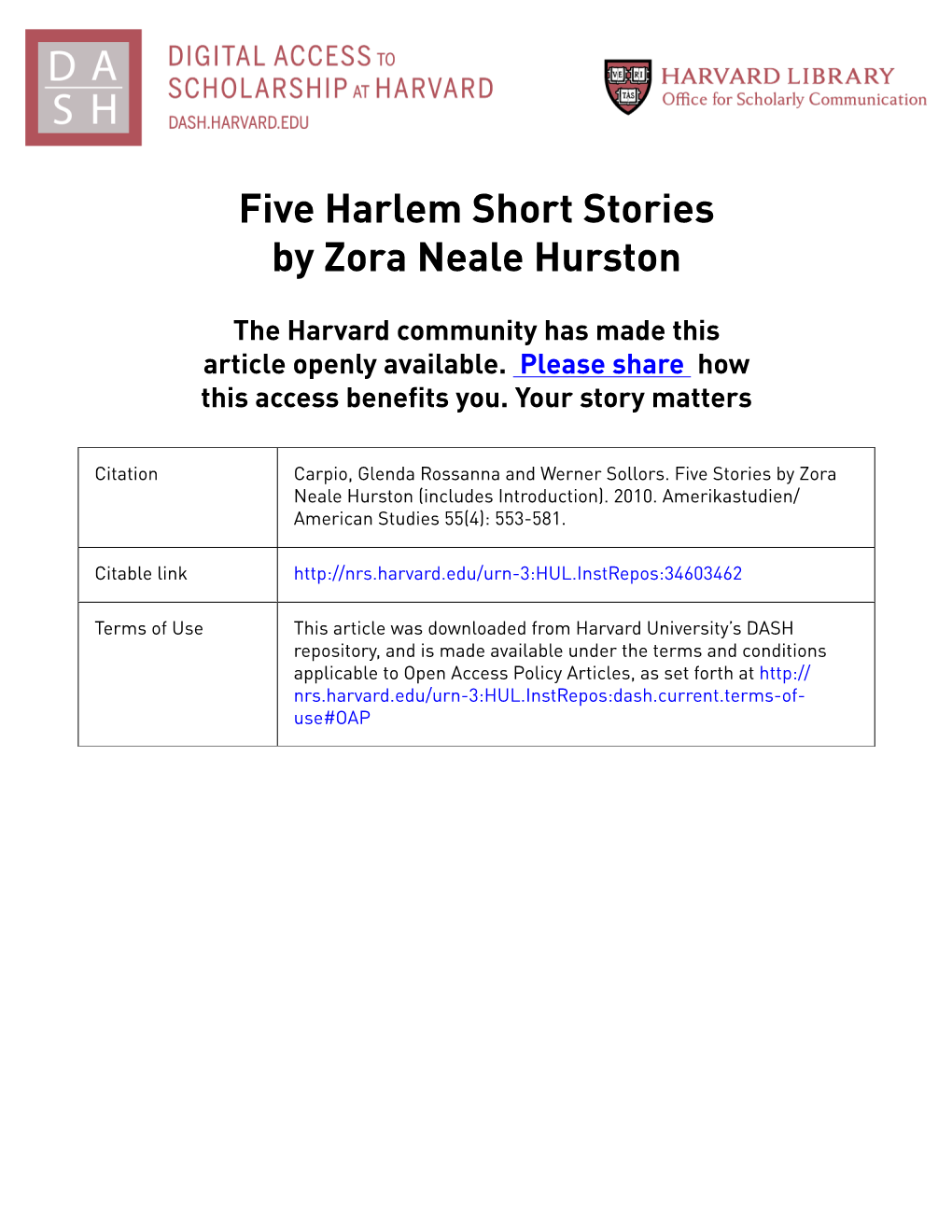 Five Harlem Short Stories by Zora Neale Hurston