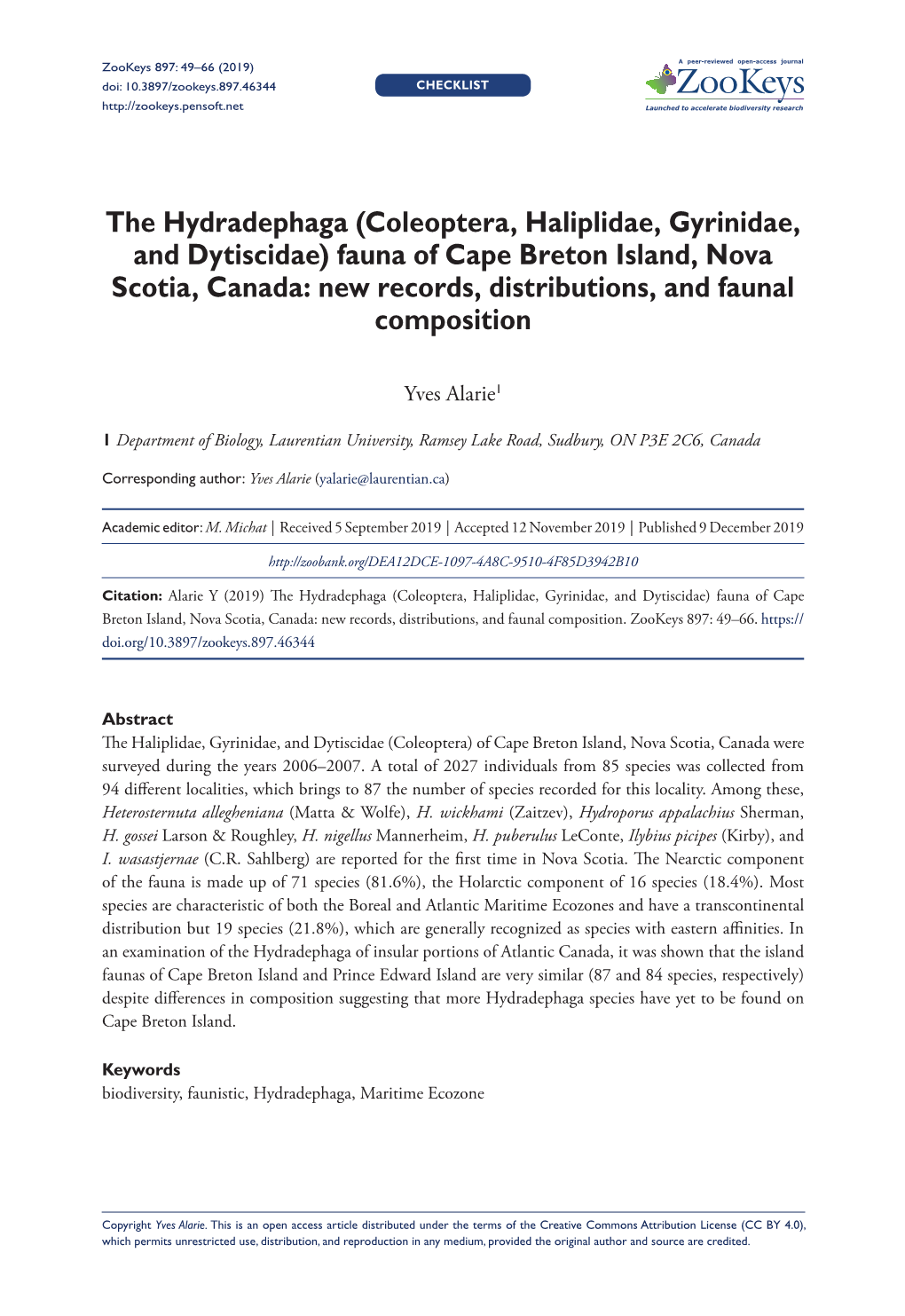 Fauna of Cape Breton Island, Nova Scotia, Canada: New Records, Distributions, and Faunal Composition