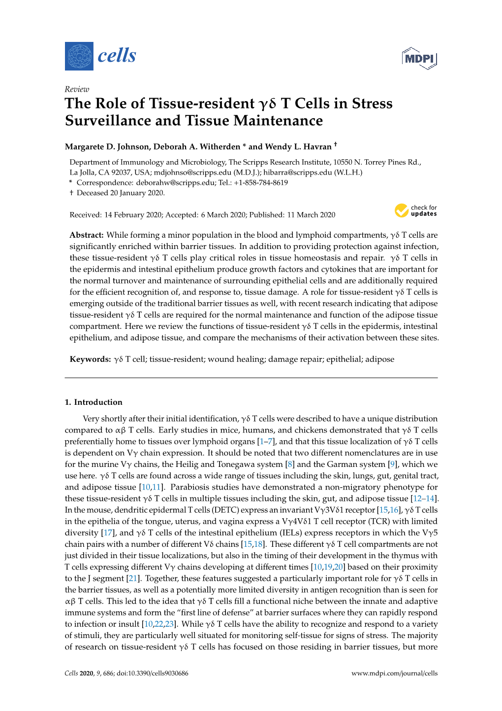 The Role of Tissue-Resident Γδ T Cells in Stress Surveillance and Tissue Maintenance