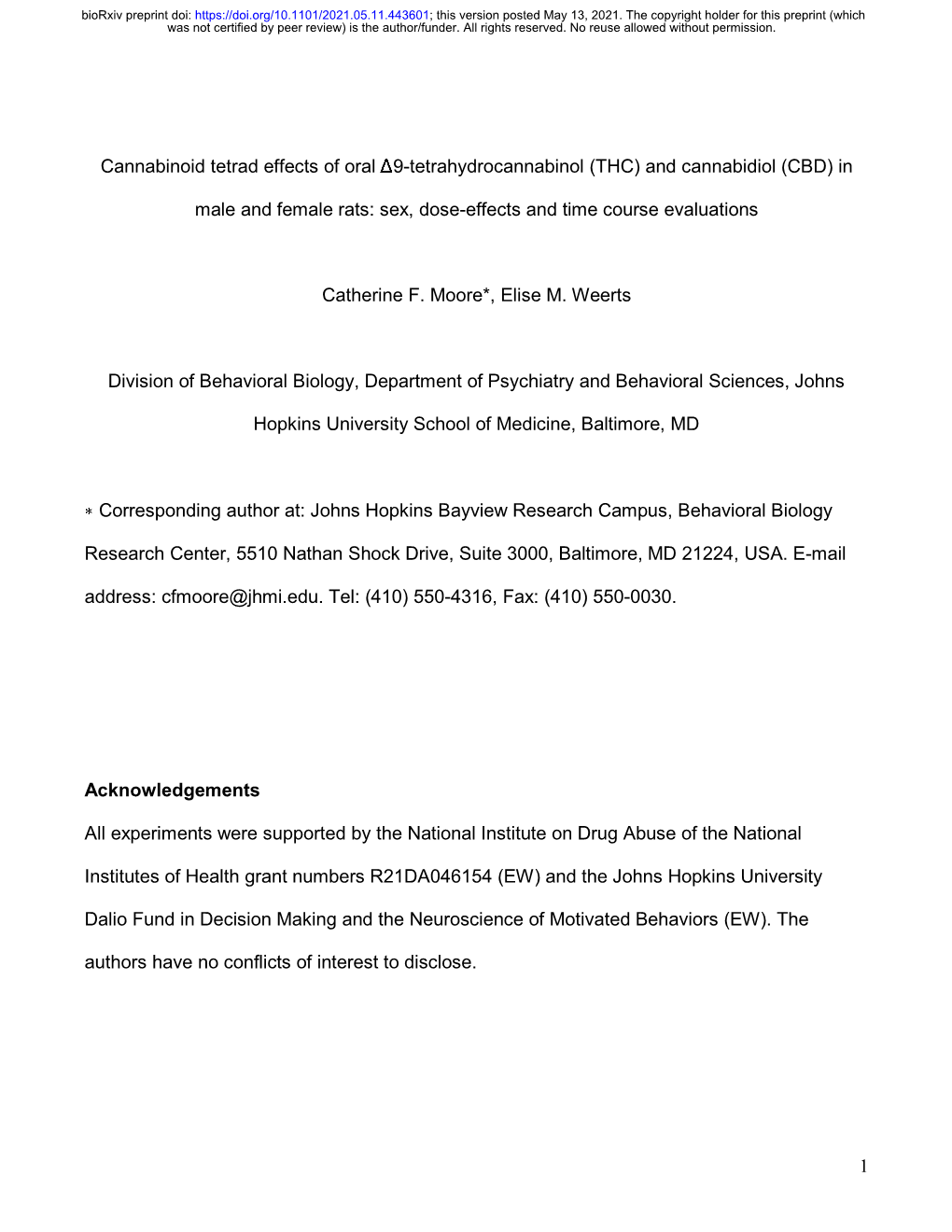 (THC) and Cannabidiol (CBD) in Male and Female Rats: Sex, Dose-Effec