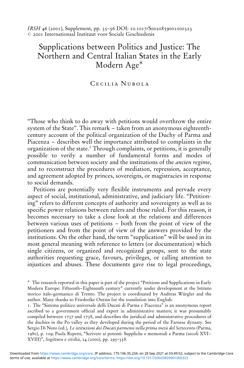 Supplications Between Politics and Justice: the Northern and Central Italian States in the Early Modern Ageã