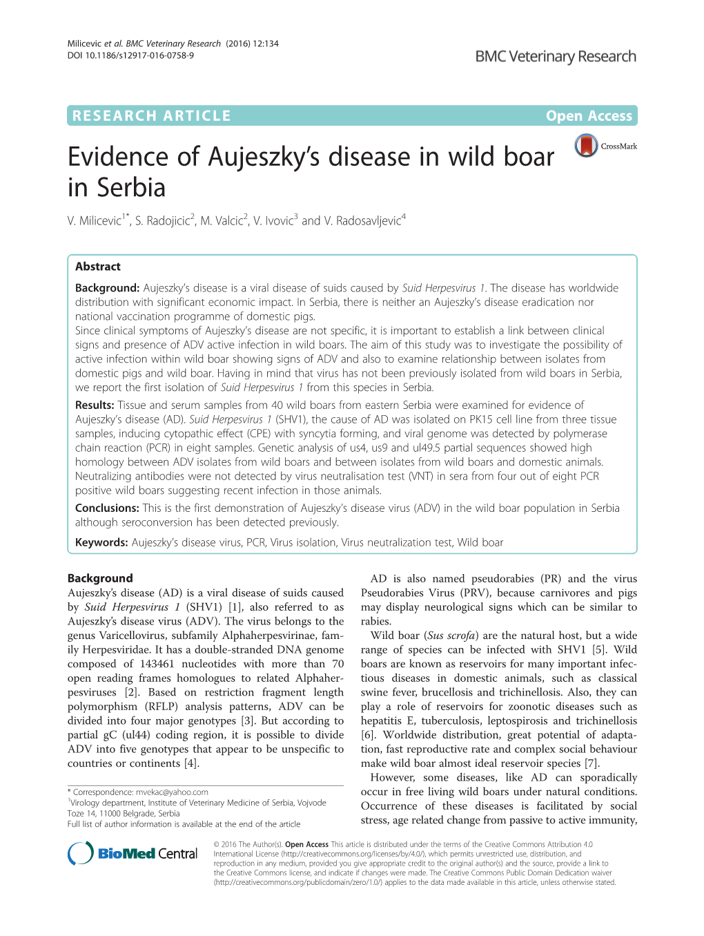 Evidence of Aujeszky's Disease in Wild Boar in Serbia