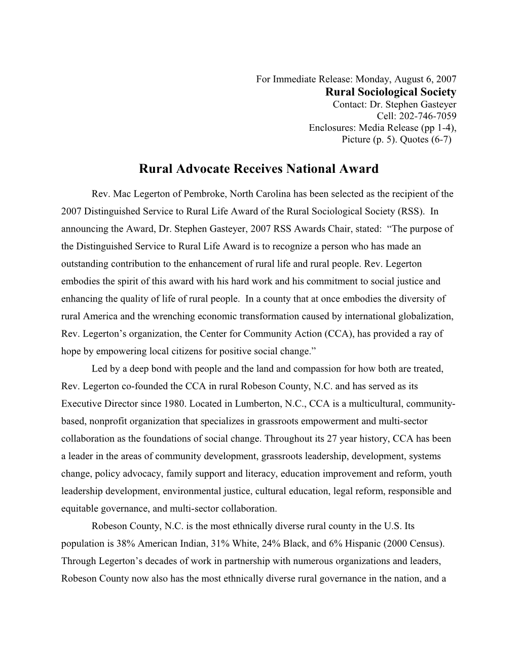 For Immediate Release: Friday, August 3, 2007