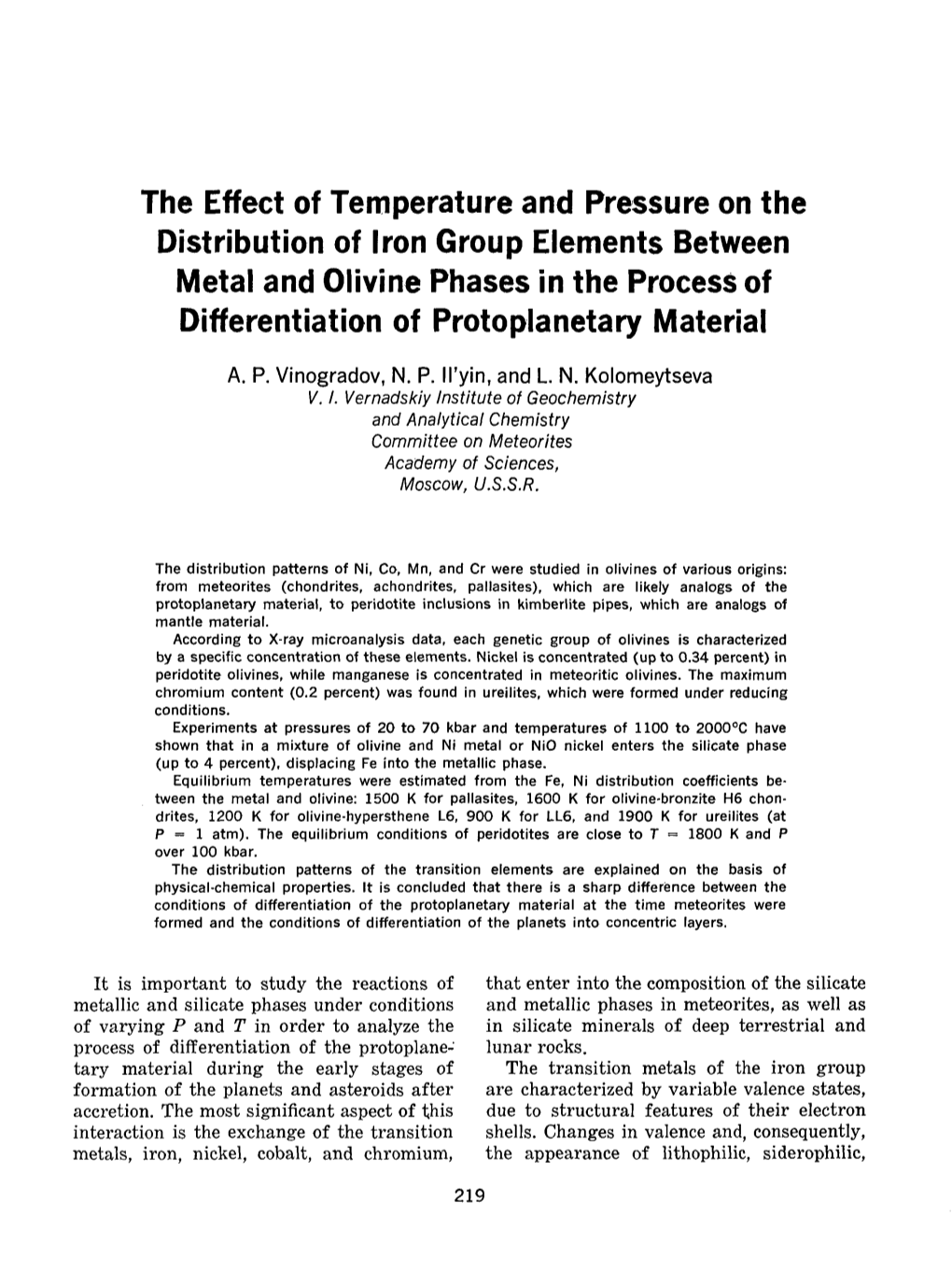 The Effect of Temperature and Pressure on the Distribution of Iron