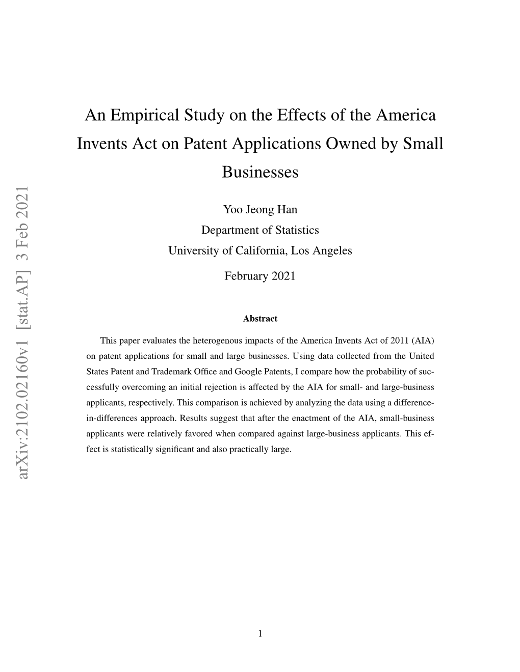 An Empirical Study on the Effects of the America Invents Act on Patent Applications Owned by Small Businesses