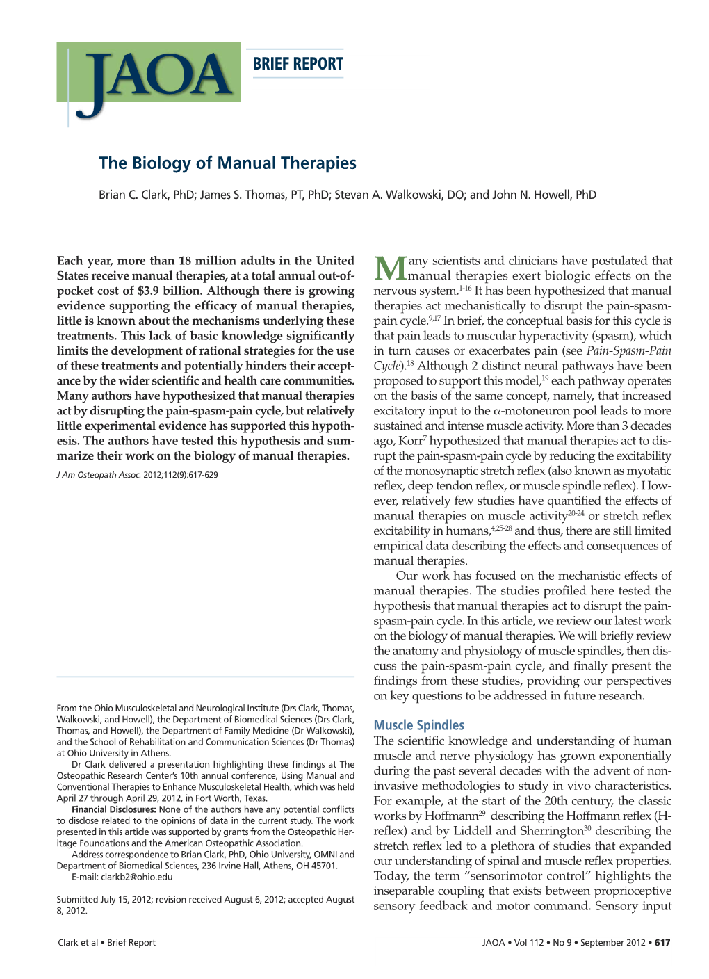 BRIEF REPORT the Biology of Manual Therapies