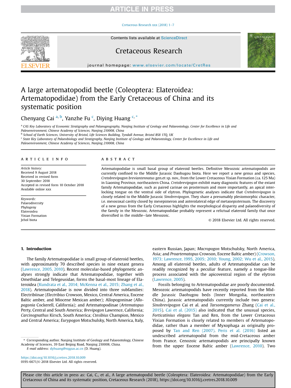 Coleoptera: Elateroidea: Artematopodidae) from the Early Cretaceous of China and Its Systematic Position