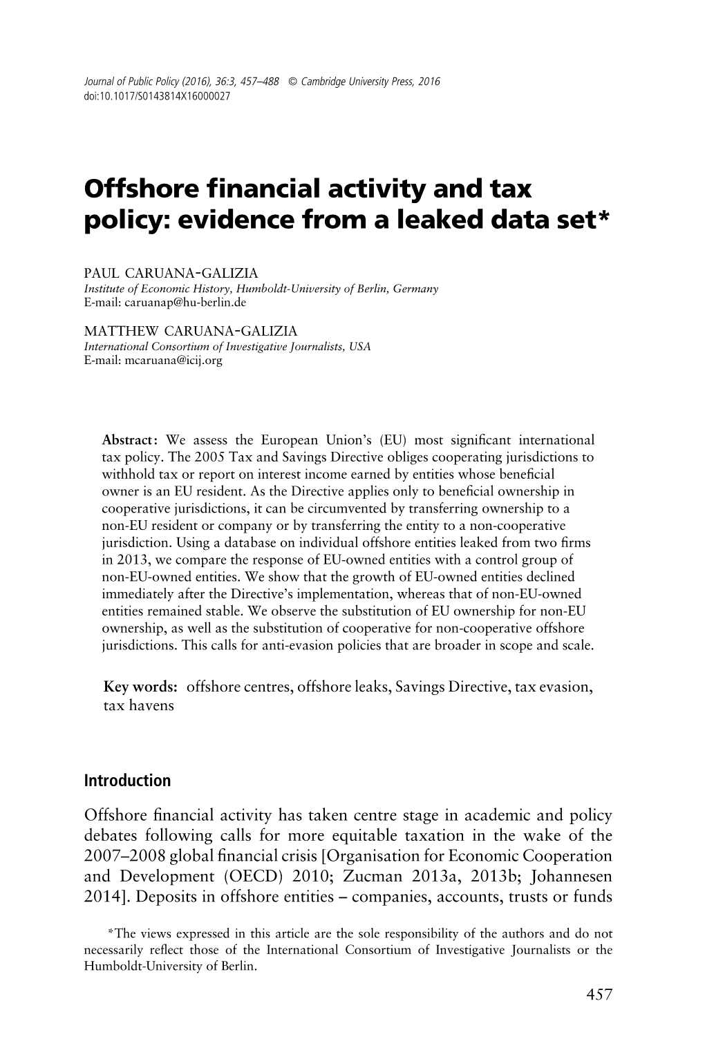 Offshore Financial Activity and Tax Policy: Evidence from a Leaked Data