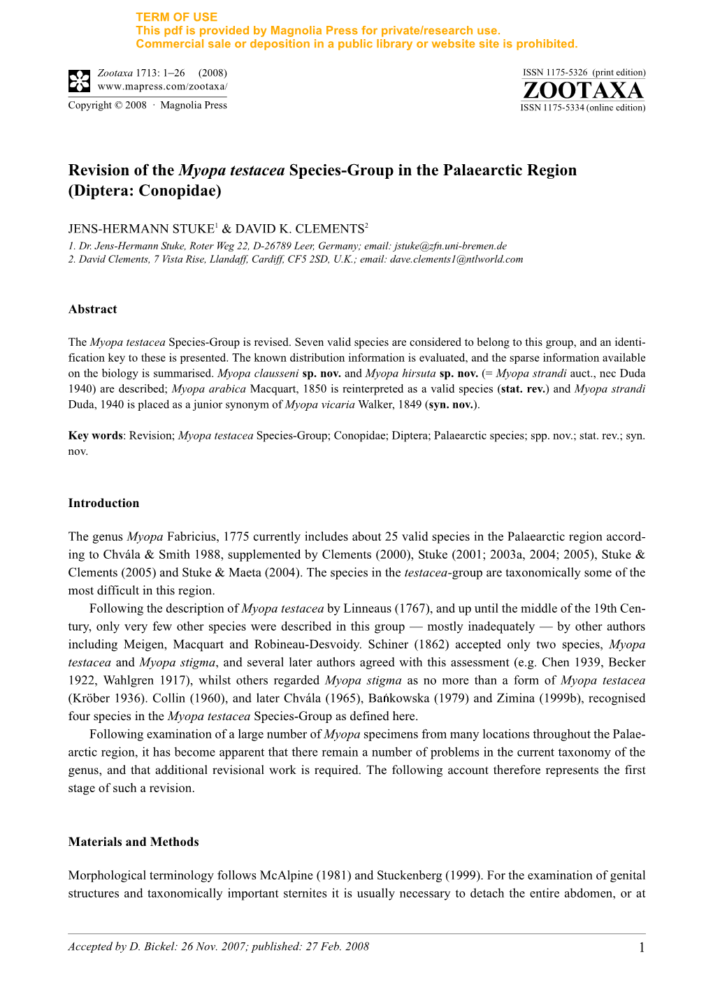 Zootaxa, Revision of the Myopa Testacea Species-Group in The