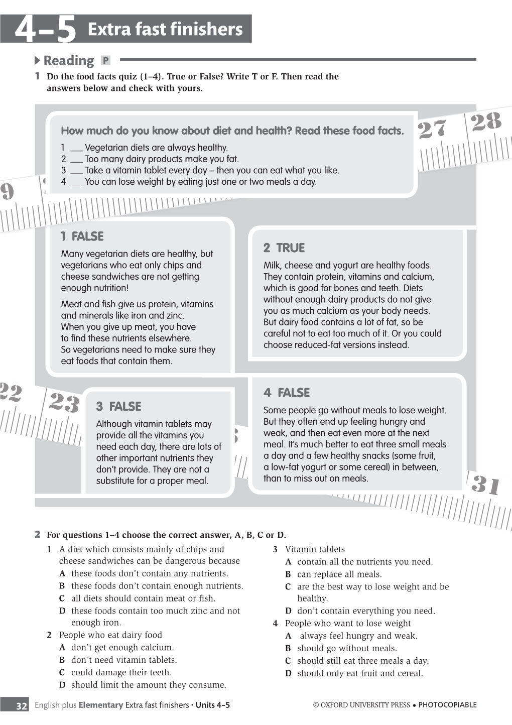 4–5 Extra Fast Finishers Reading P 1 Do the Food Facts Quiz (1–4)