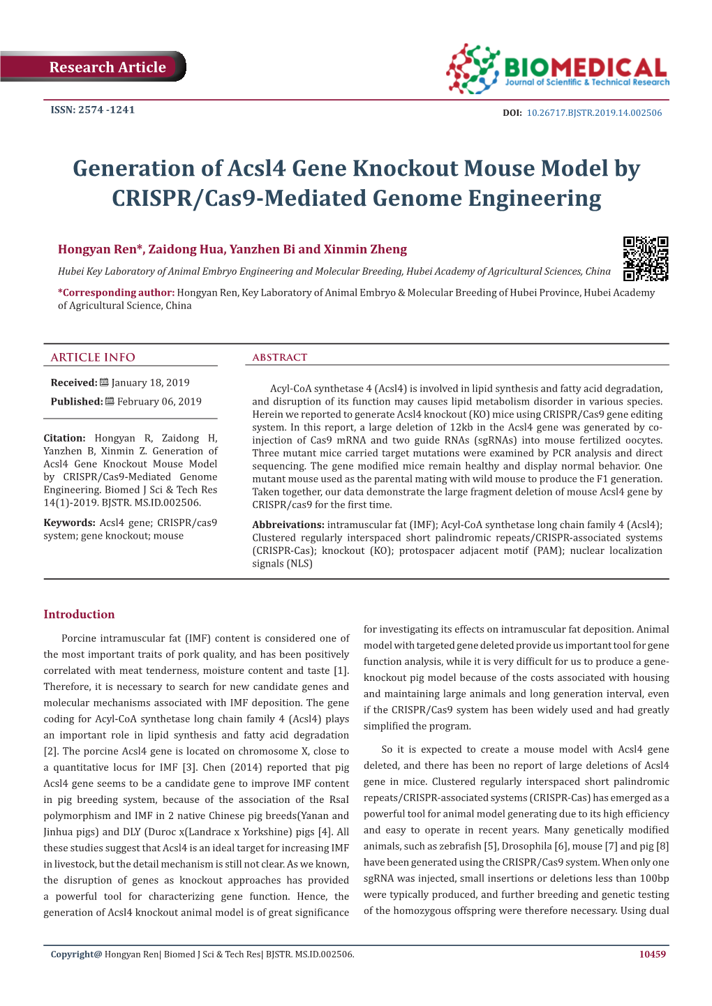 Generation of Acsl4 Gene Knockout Mouse Model by CRISPR/Cas9-Mediated Genome Engineering