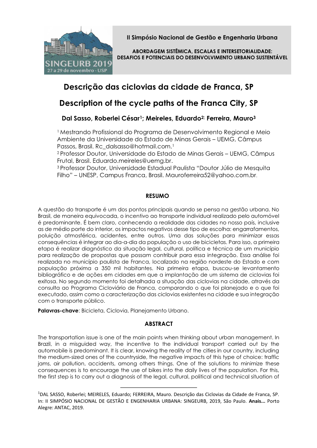 Descrição Das Ciclovias Da Cidade De Franca, SP Description of the Cycle Paths of the Franca City, SP