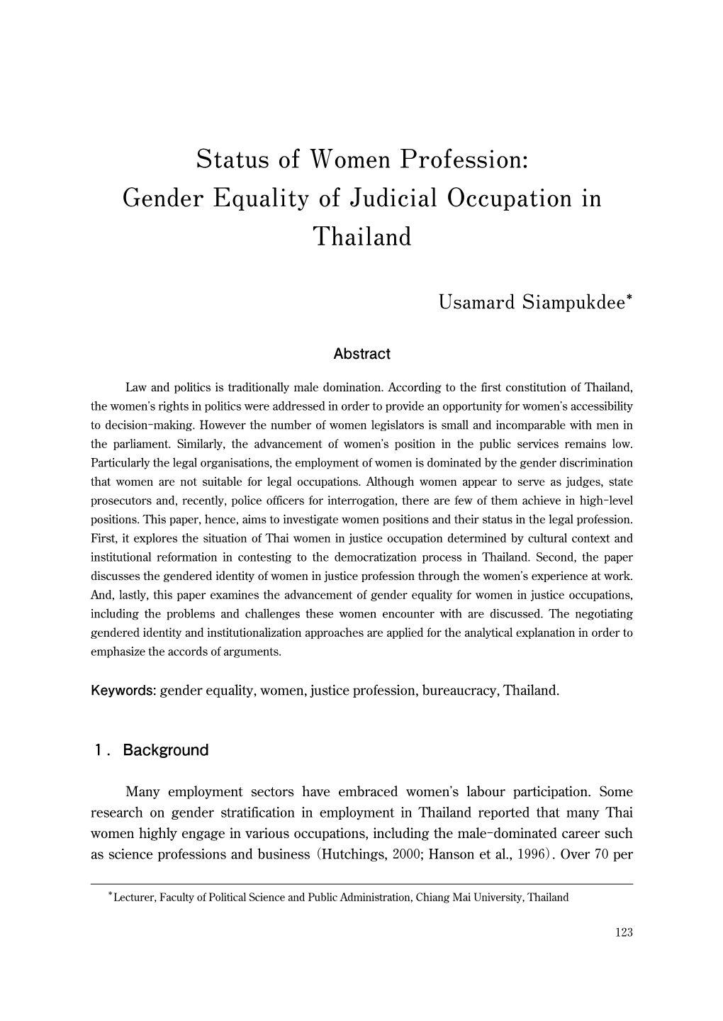 Status of Women Profession: Gender Equality of Judicial Occupation in Thailand