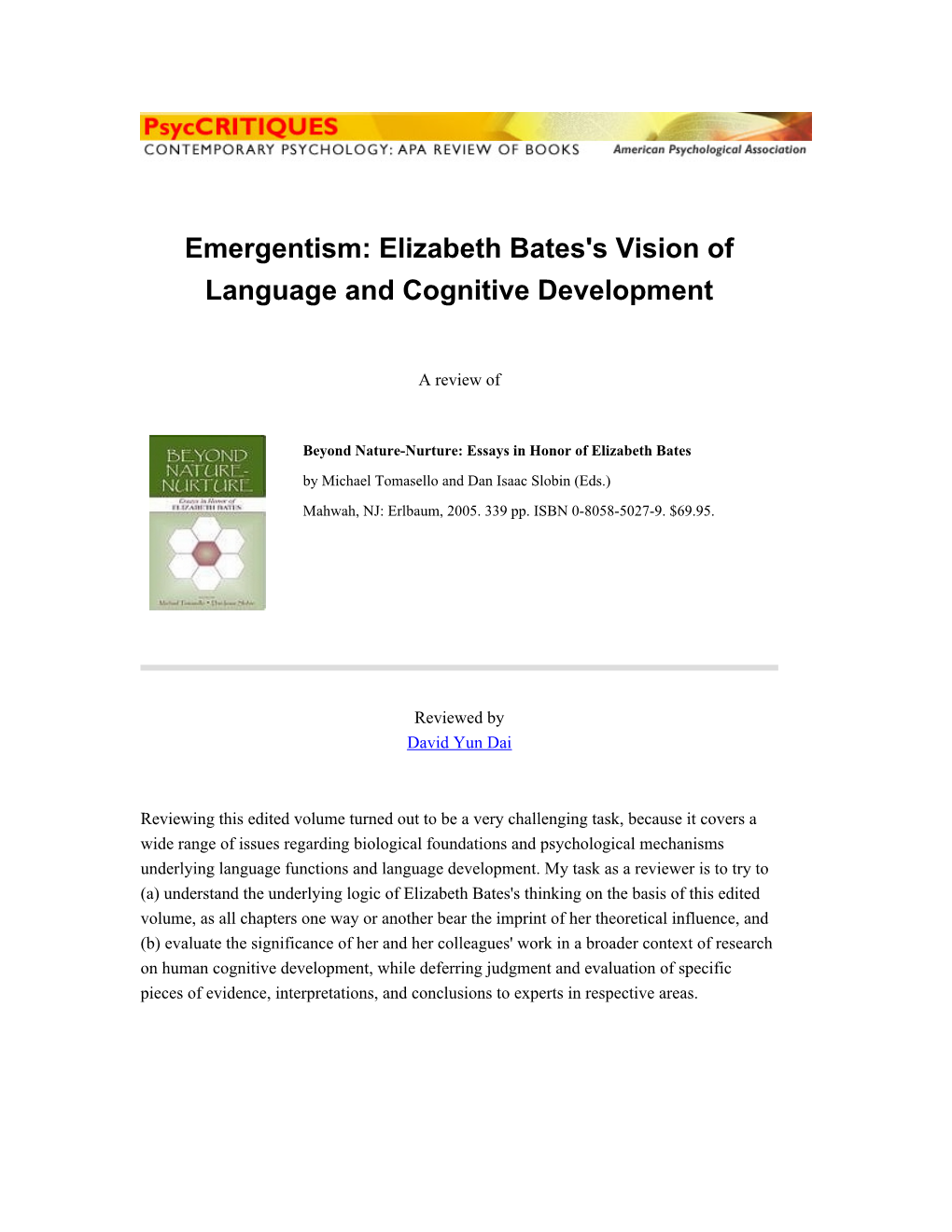 Emergentism: Elizabeth Bates's Vision of Language and Cognitive Development