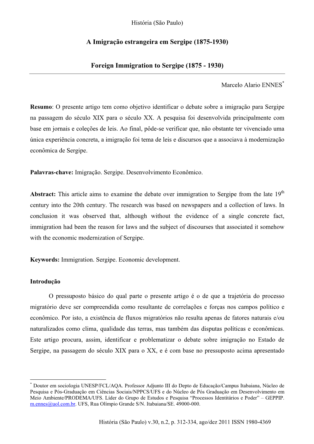 A Imigração Estrangeira Em Sergipe (1875-1930) Foreign Immigration To