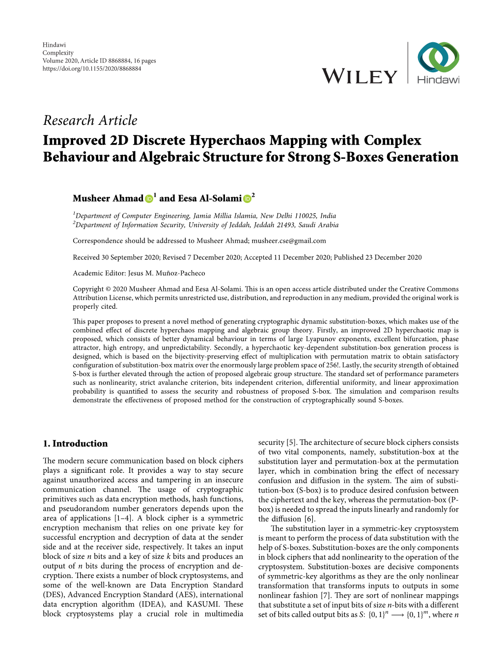 Research Article Improved 2D Discrete Hyperchaos Mapping with Complex Behaviour and Algebraic Structure for Strong S-Boxes Generation