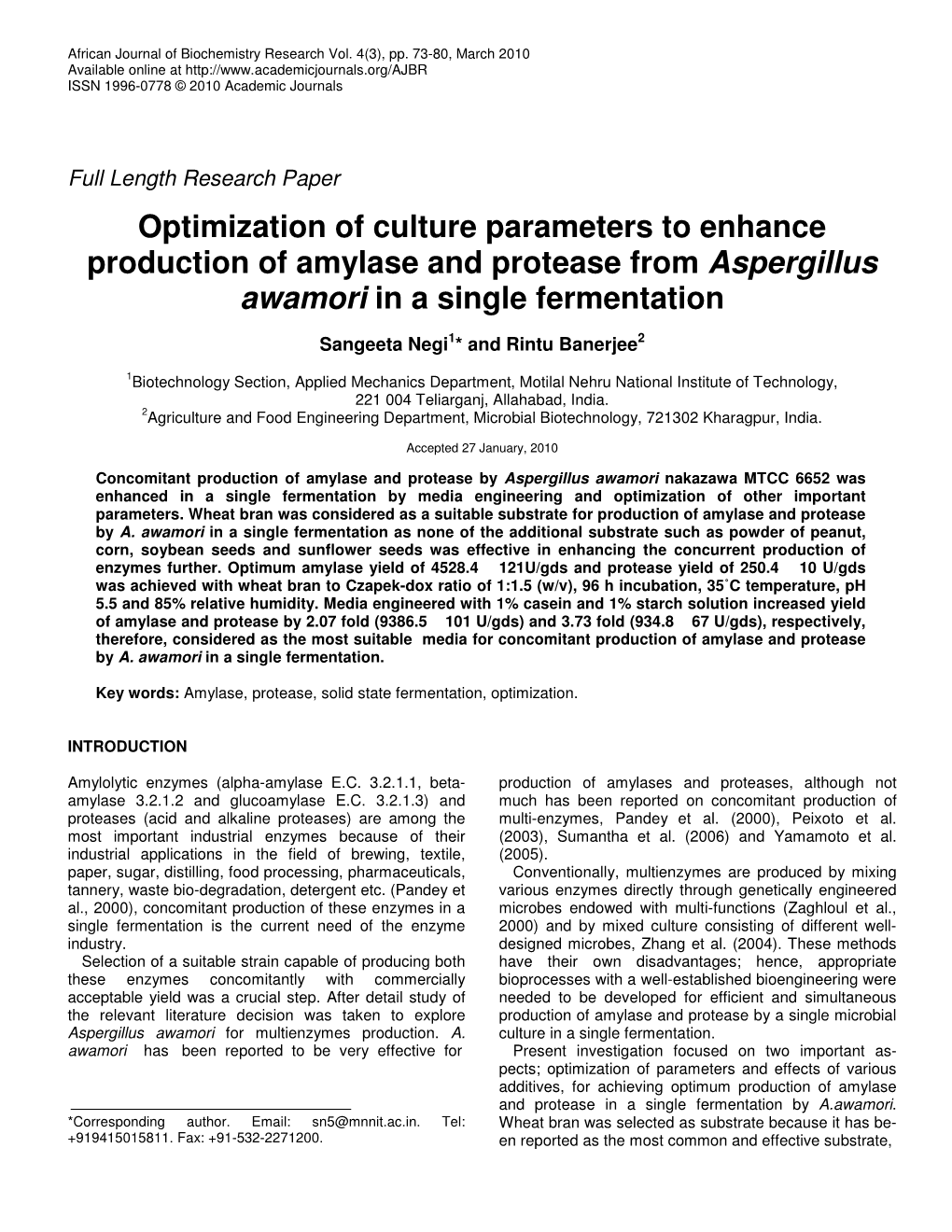 Optimization of Culture Parameters to Enhance Production of Amylase and Protease from Aspergillus Awamori in a Single Fermentation