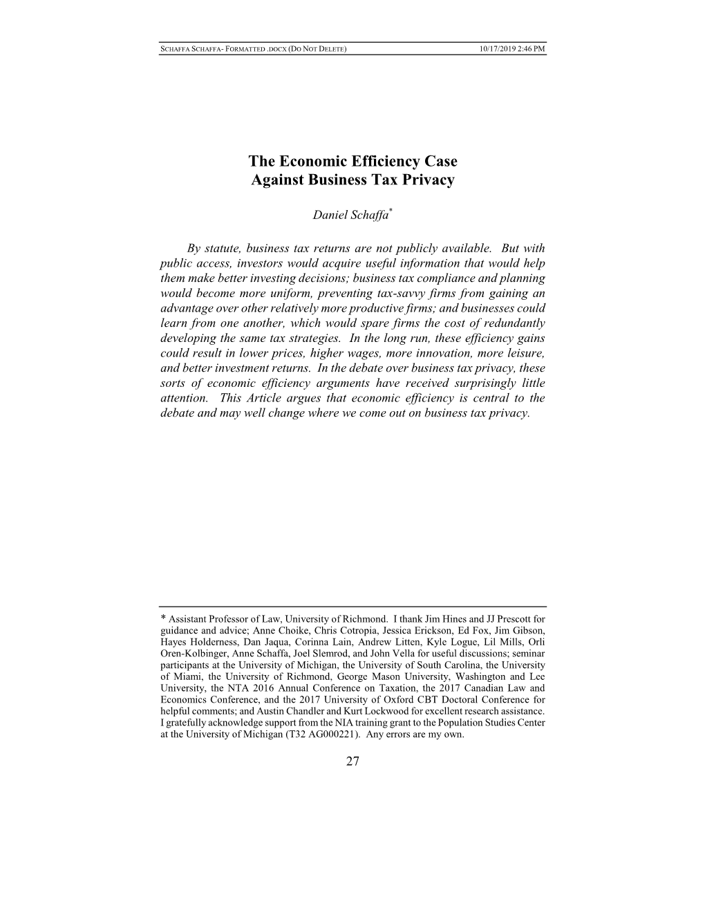 The Economic Efficiency Case Against Business Tax Privacy
