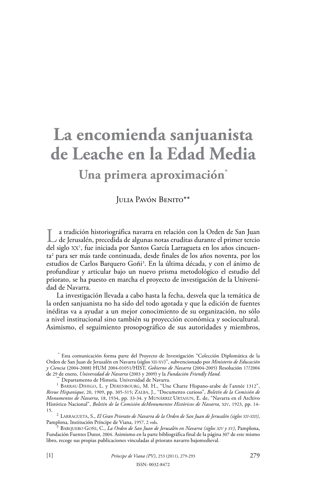 La Encomienda Sanjuanista De Leache En La Edad Media Una Primera Aproximación*