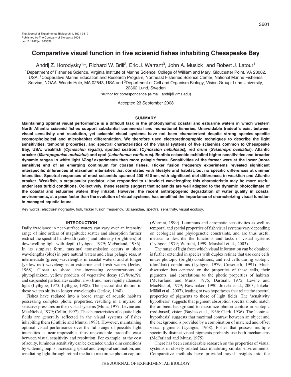 Comparative Visual Function in Five Sciaenid Fishes Inhabiting Chesapeake Bay