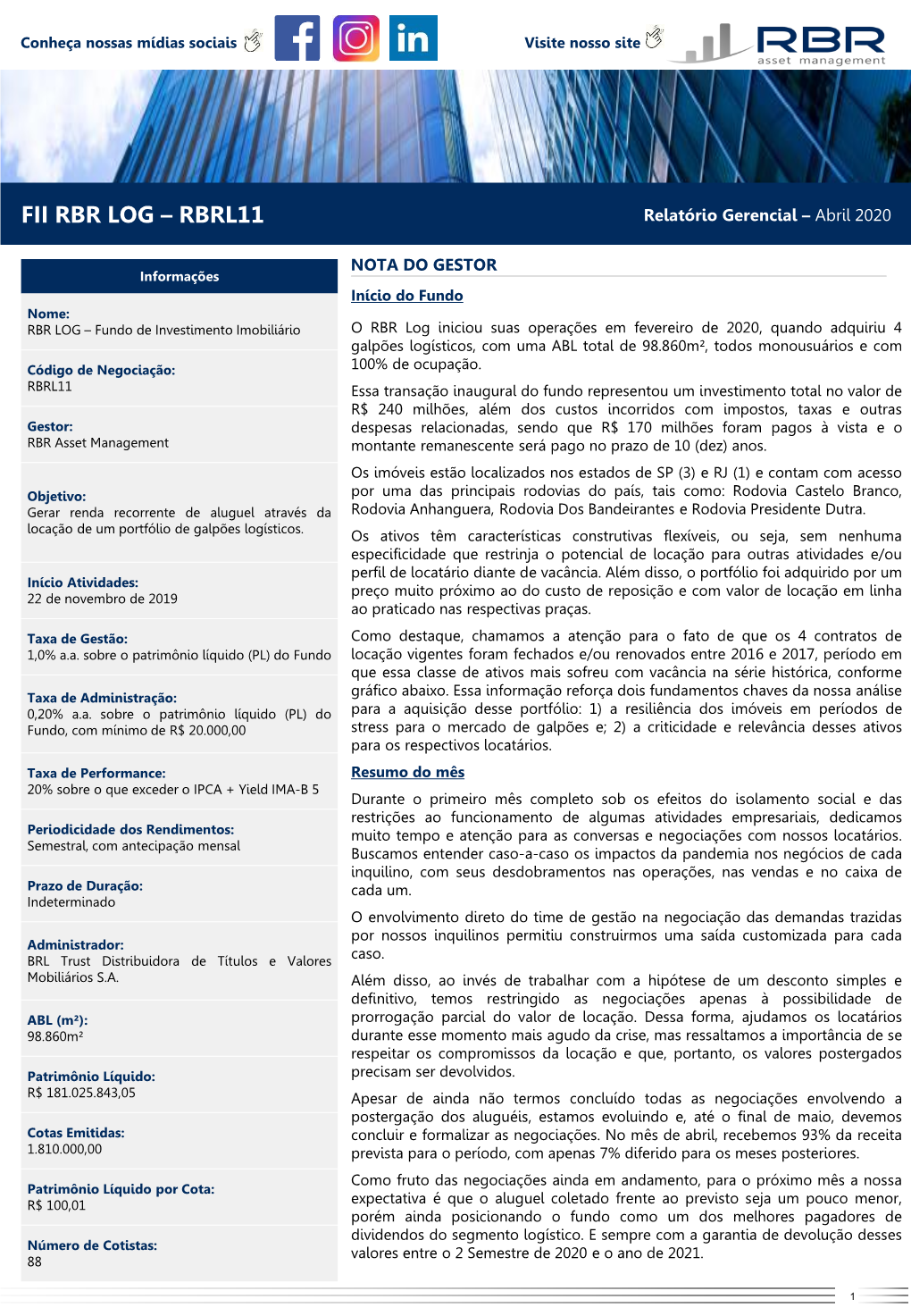 FII RBR LOG – RBRL11 Relatório Gerencial – Abril 2020