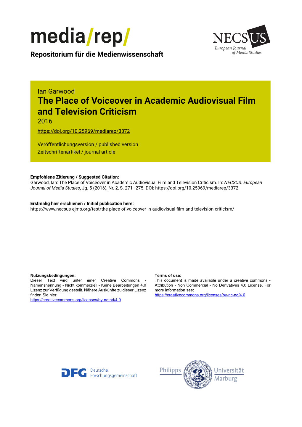 The Place of Voiceover in Academic Audiovisual Film and Television Criticism 2016