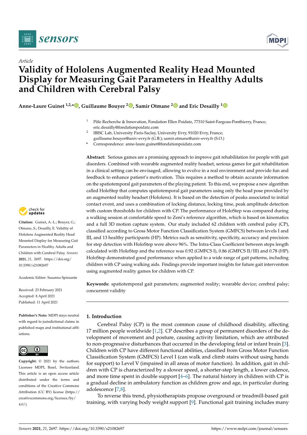 Validity of Hololens Augmented Reality Head Mounted Display for Measuring Gait Parameters in Healthy Adults and Children with Cerebral Palsy