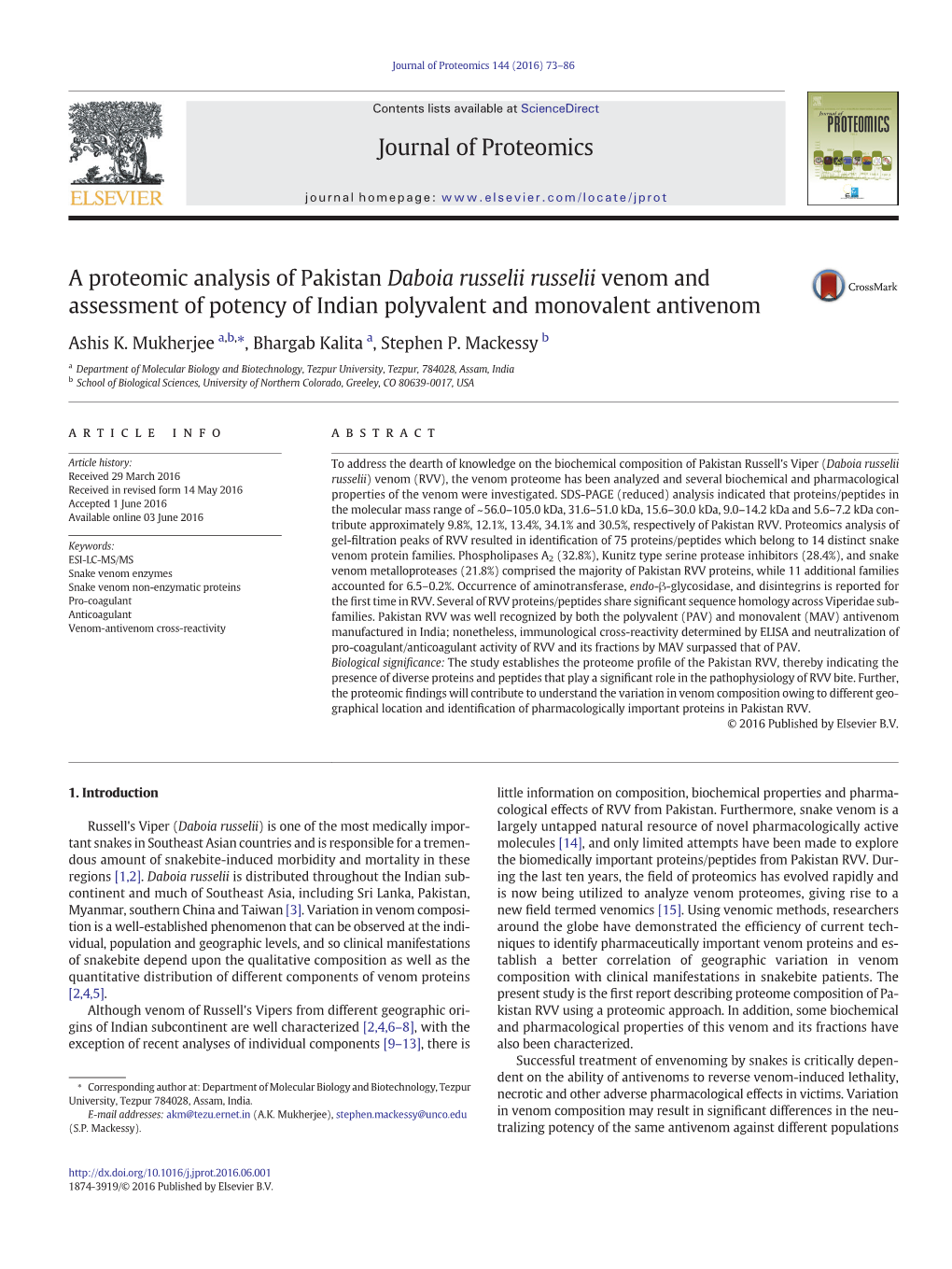 A Proteomic Analysis of Pakistan Daboia Russelii Russelii Venom and Assessment of Potency of Indian Polyvalent and Monovalent Antivenom