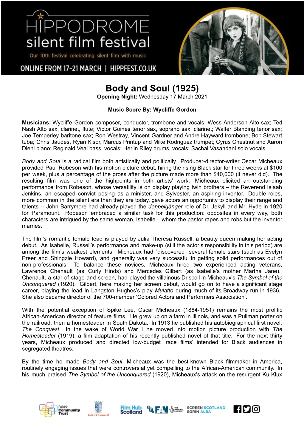 Body and Soul (1925) Opening Night: Wednesday 17 March 2021